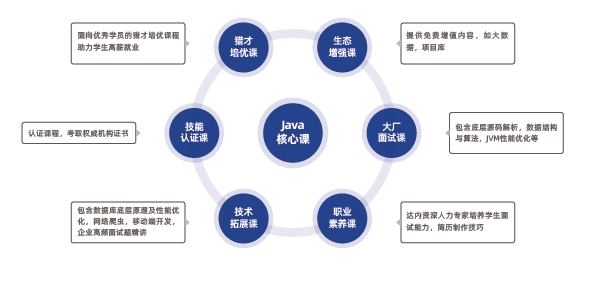 Java核心课涵盖Java基础、面向对象编程、核心框架和常用工具、数据库、Web前端、中间件、软件运维、微服务、云原生、AI大模型、AI编程工具等全套知识体系和大厂项目实战。